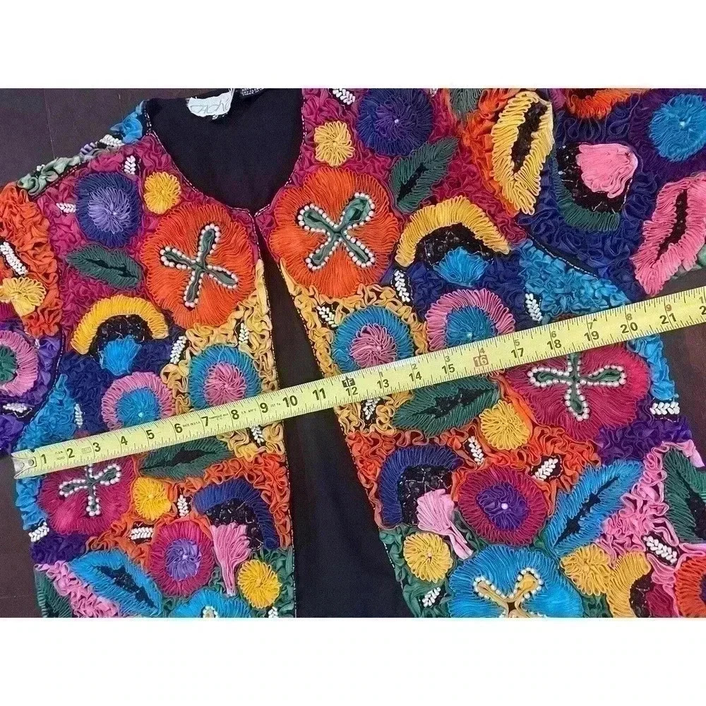 Vintage Cache Silk Ribbon Boxy Bolero Jacket 90s Bead Embellished Flower Rainbow - Picture 10 of 14
